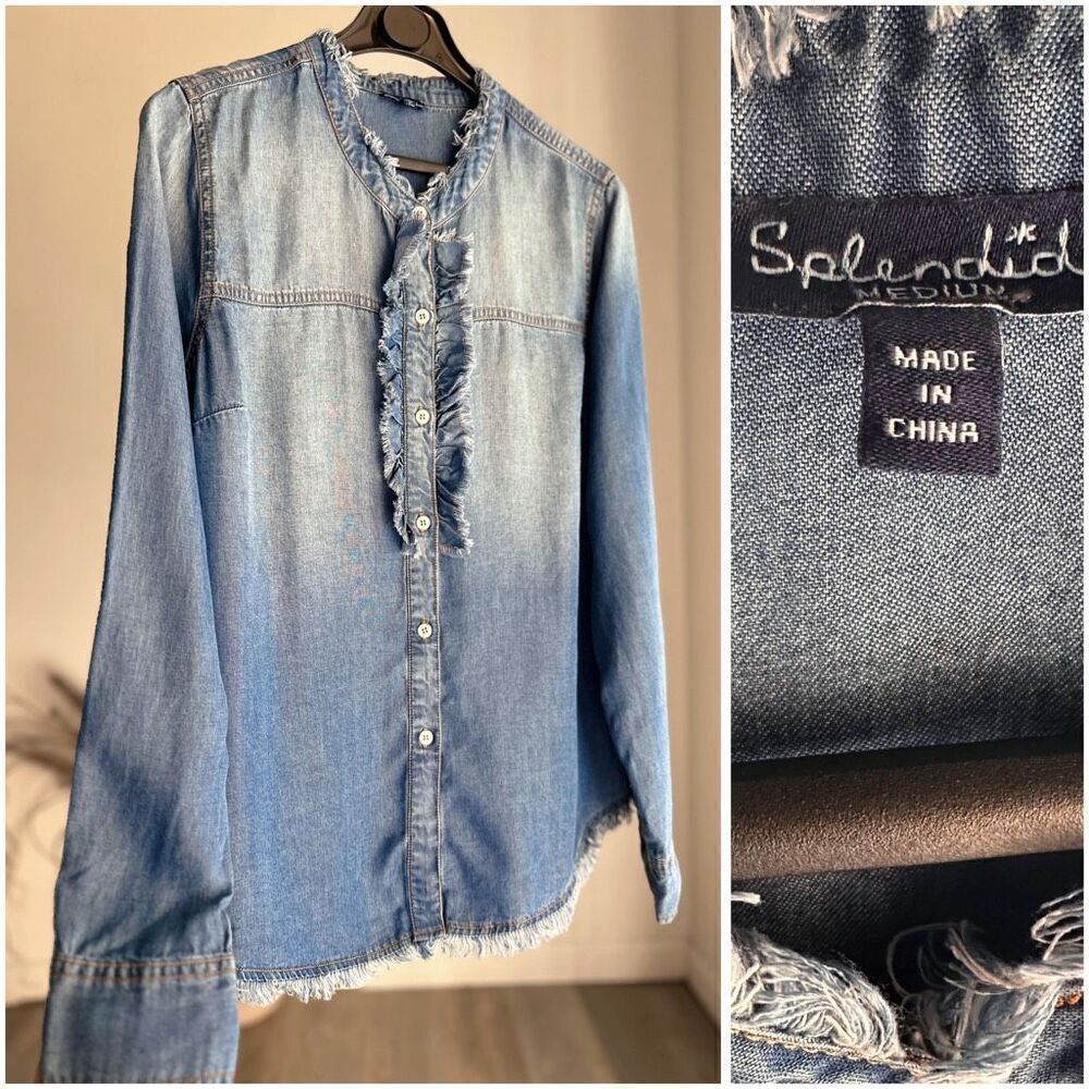 Splendid Indigo Ruffle Chambray Shirt Button front Medium
